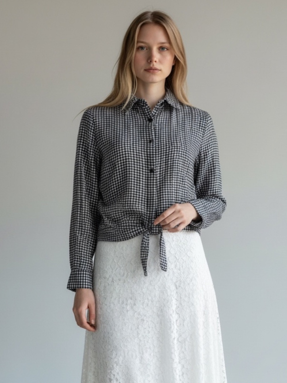 Lauren Conrad size small checked button down top with tie in the front